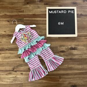 Mustard Pie Pink & Blue Stripe Sleeveless Ruffle Flower Polka Dot Romper 6M